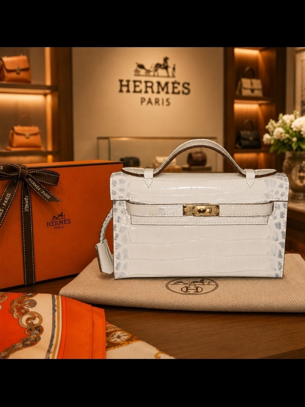 White Croc-Effect Pouchette Top Handle Bag Genuine Leather
